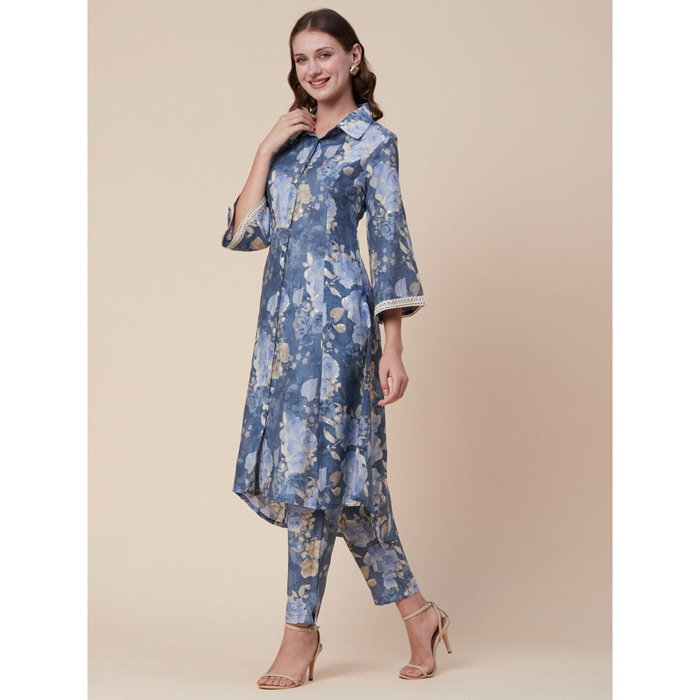 FASHOR Abstract Floral Foil Printed A-Line Paneled Kurta with Pant - Blue (Set of 2)