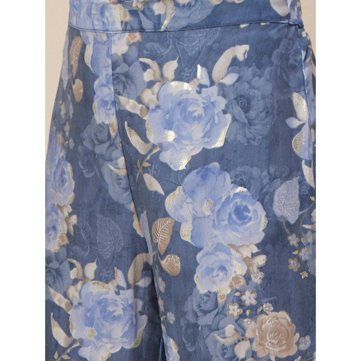 FASHOR Abstract Floral Foil Printed A-Line Paneled Kurta with Pant - Blue (Set of 2)