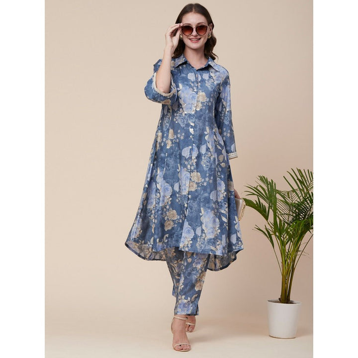 FASHOR Abstract Floral Foil Printed A-Line Paneled Kurta with Pant - Blue (Set of 2)