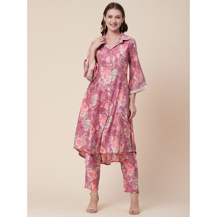 FASHOR Abstract Floral Foil Printed A-Line Paneled Kurta with Pant - Mauve (Set of 2)