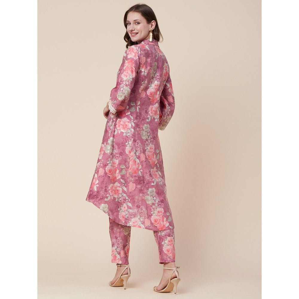 FASHOR Abstract Floral Foil Printed A-Line Paneled Kurta with Pant - Mauve (Set of 2)