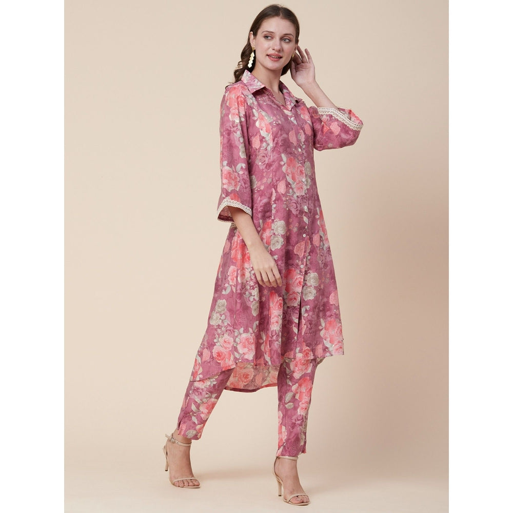 FASHOR Abstract Floral Foil Printed A-Line Paneled Kurta with Pant - Mauve (Set of 2)