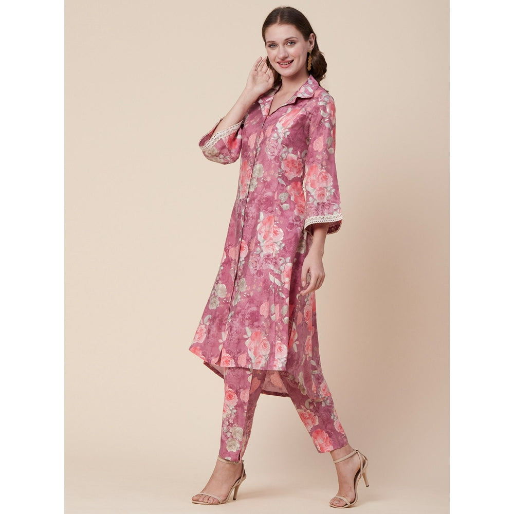 FASHOR Abstract Floral Foil Printed A-Line Paneled Kurta with Pant - Mauve (Set of 2)