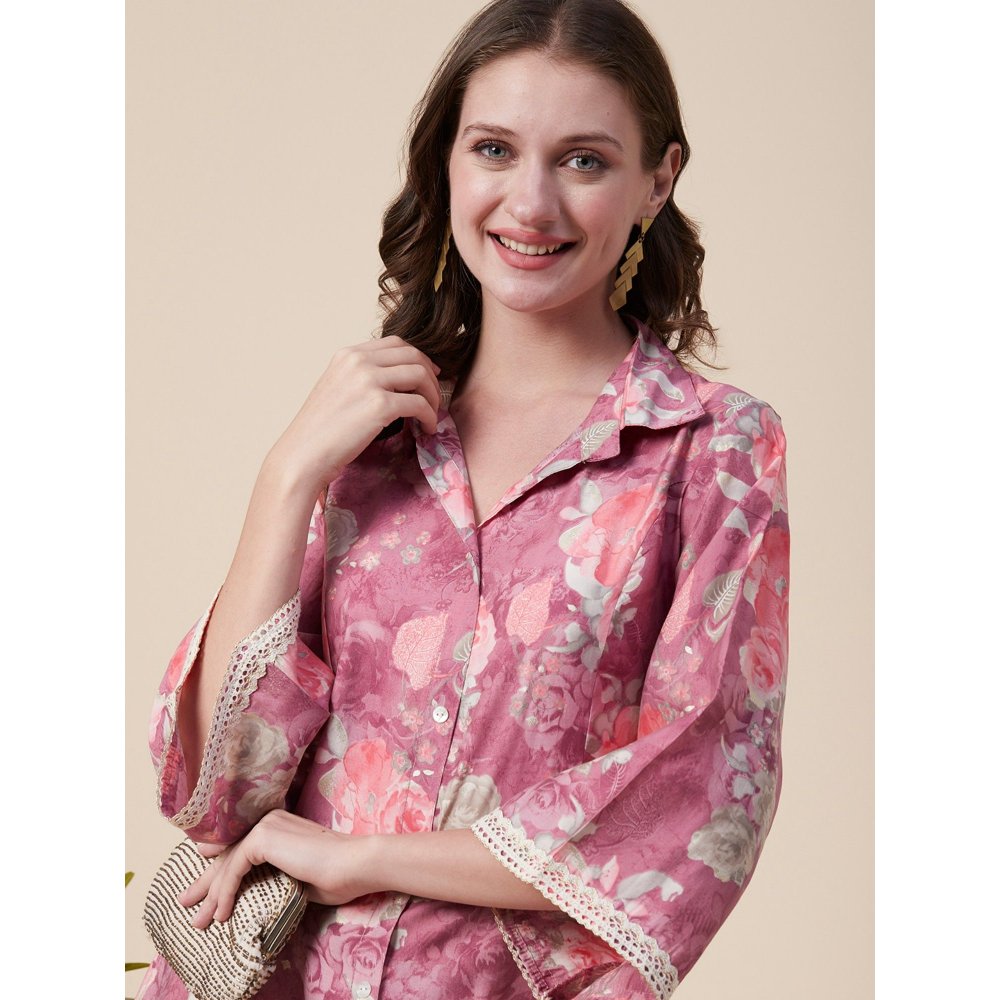 FASHOR Abstract Floral Foil Printed A-Line Paneled Kurta with Pant - Mauve (Set of 2)