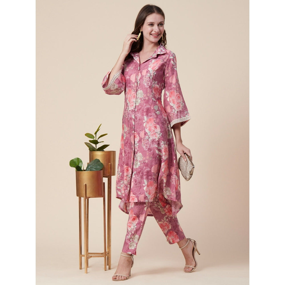 FASHOR Abstract Floral Foil Printed A-Line Paneled Kurta with Pant - Mauve (Set of 2)