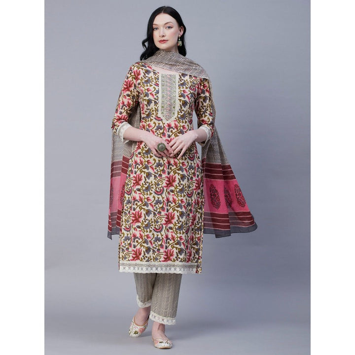 FASHOR Floral Printed Zari & Resham kurta With Pants & Dupatta - Off White (Set of 3)