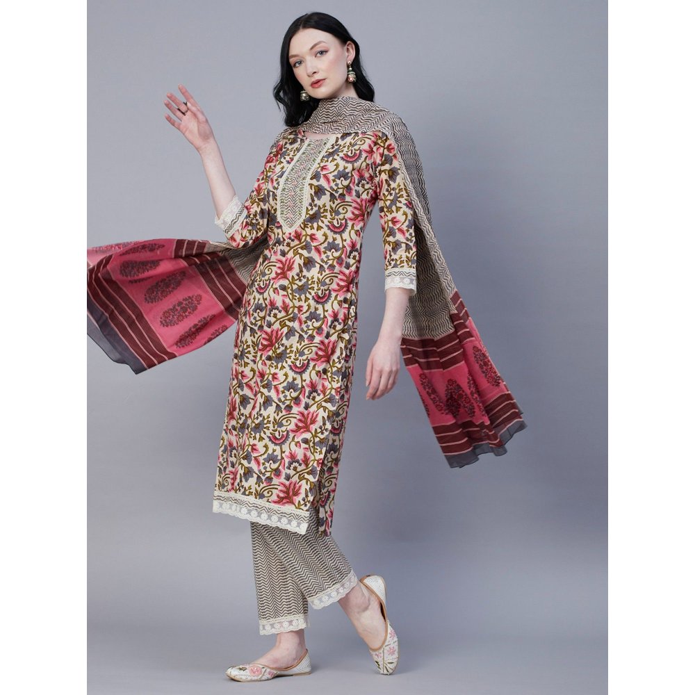 FASHOR Floral Printed Zari & Resham kurta With Pants & Dupatta - Off White (Set of 3)