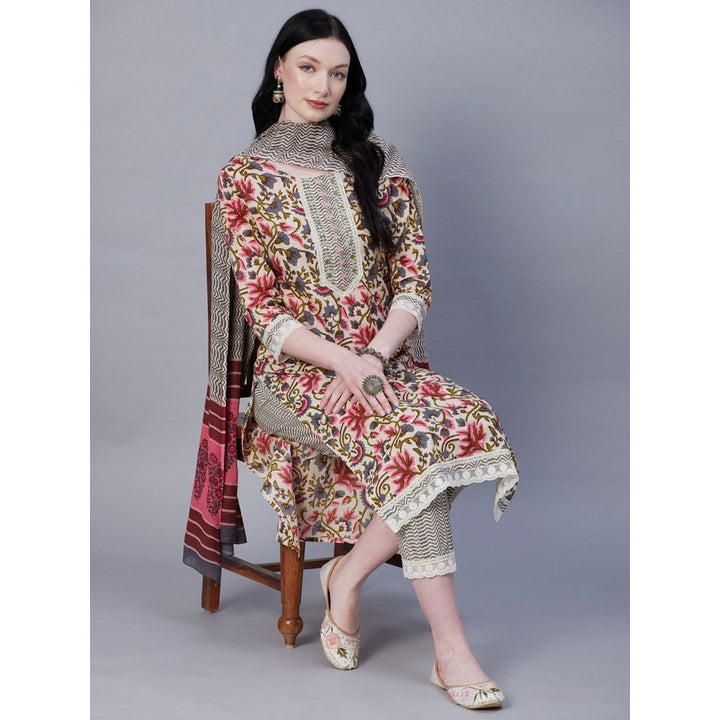 FASHOR Floral Printed Zari & Resham kurta With Pants & Dupatta - Off White (Set of 3)