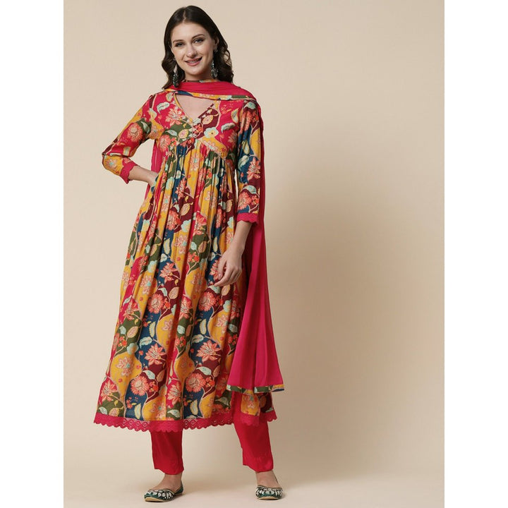 FASHOR Printed Cutdana & Beads High Slit Kurta With Pants & Dupatta - Multi (Set of 3)