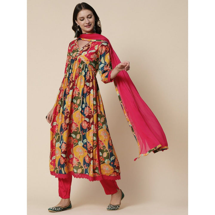 FASHOR Printed Cutdana & Beads High Slit Kurta With Pants & Dupatta - Multi (Set of 3)