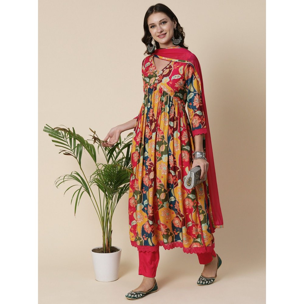 FASHOR Printed Cutdana & Beads High Slit Kurta With Pants & Dupatta - Multi (Set of 3)