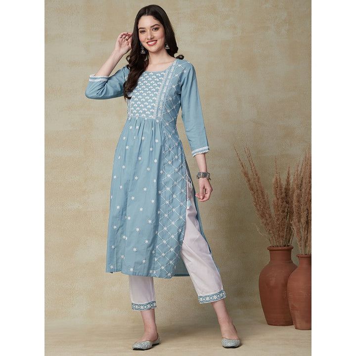 Fashor Solid Resham & Mirror Embroidered Pleated Kurta with Embroidered Pants -Blue (Set of 2)