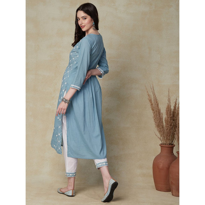 Fashor Solid Resham & Mirror Embroidered Pleated Kurta with Embroidered Pants -Blue (Set of 2)