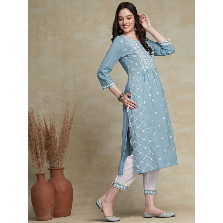 Fashor Solid Resham & Mirror Embroidered Pleated Kurta with Embroidered Pants -Blue (Set of 2)