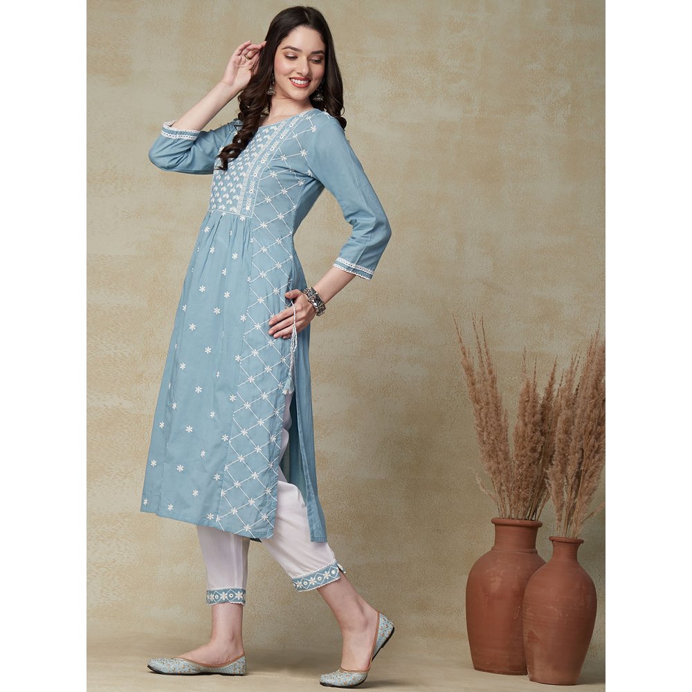 Fashor Solid Resham & Mirror Embroidered Pleated Kurta with Embroidered Pants -Blue (Set of 2)