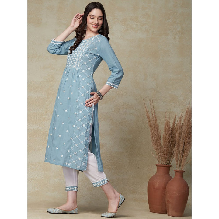 Fashor Solid Resham & Mirror Embroidered Pleated Kurta with Embroidered Pants -Blue (Set of 2)