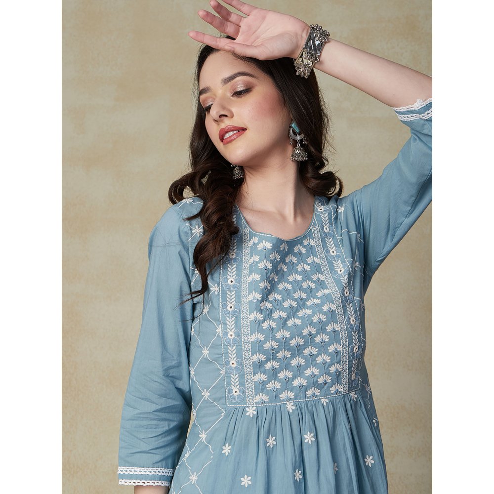 Fashor Solid Resham & Mirror Embroidered Pleated Kurta with Embroidered Pants -Blue (Set of 2)