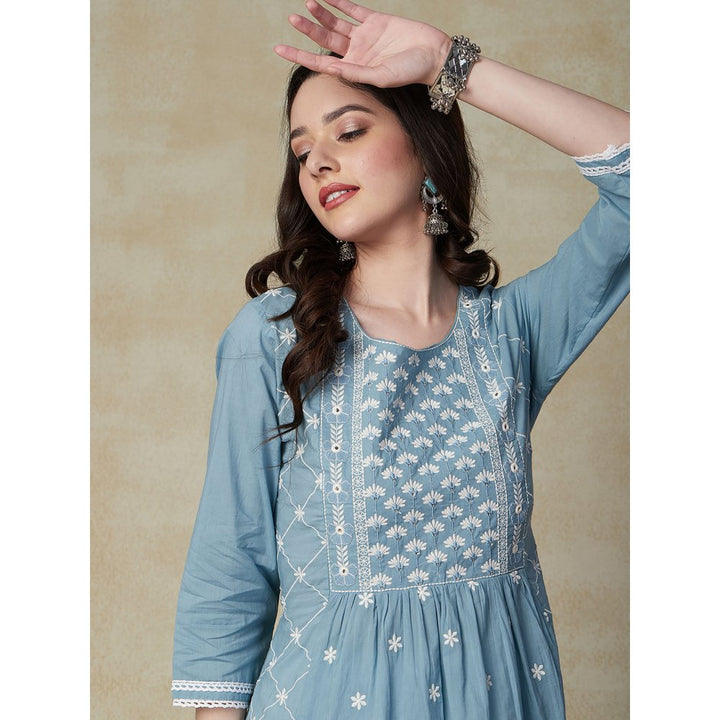 Fashor Solid Resham & Mirror Embroidered Pleated Kurta with Embroidered Pants -Blue (Set of 2)