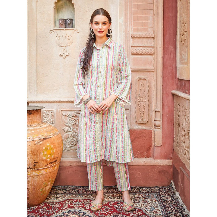 Fashor Printed Pompom Lace Embellished Asymmetric Hem Kurta with Pants -Multi-Color (Set of 2)