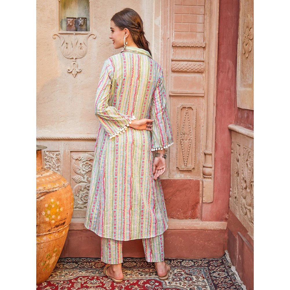 Fashor Printed Pompom Lace Embellished Asymmetric Hem Kurta with Pants -Multi-Color (Set of 2)