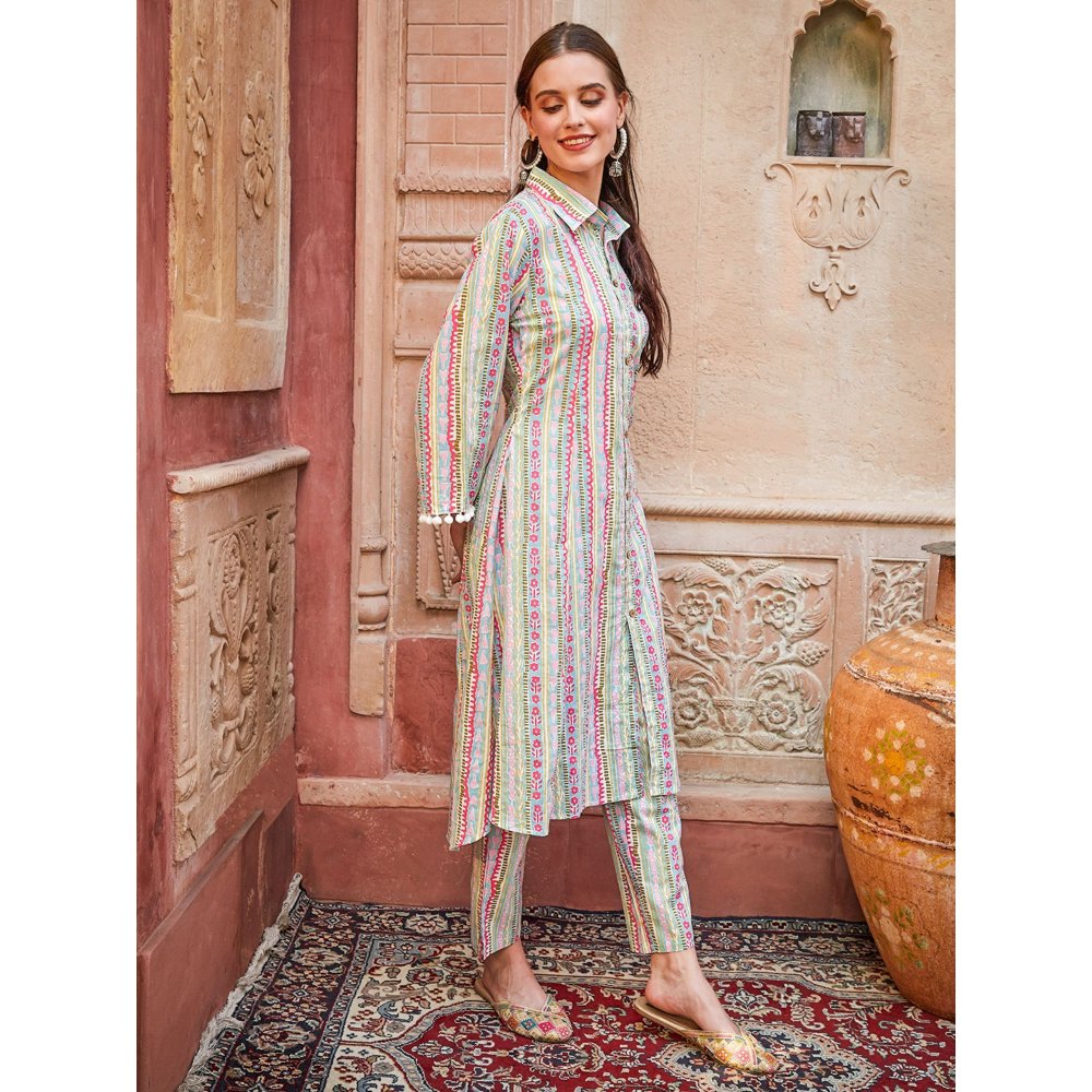 Fashor Printed Pompom Lace Embellished Asymmetric Hem Kurta with Pants -Multi-Color (Set of 2)