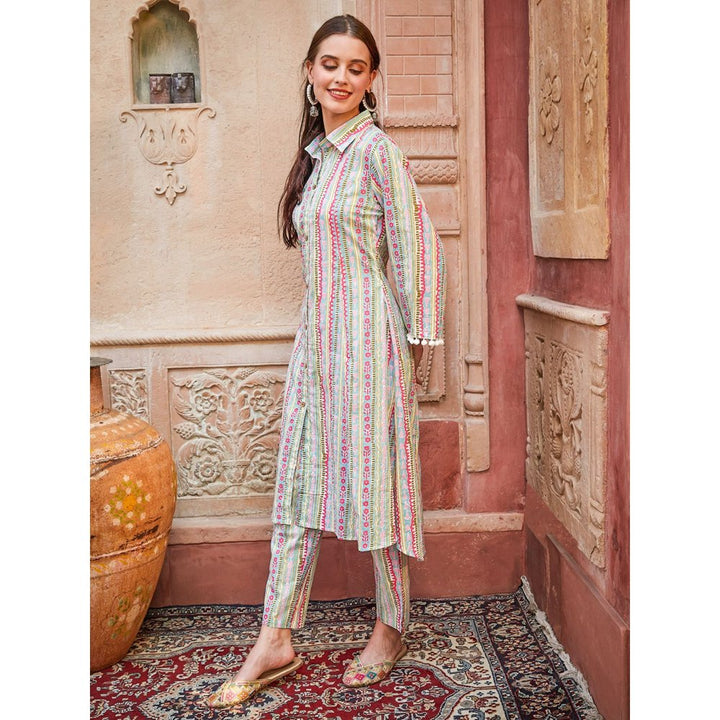 Fashor Printed Pompom Lace Embellished Asymmetric Hem Kurta with Pants -Multi-Color (Set of 2)