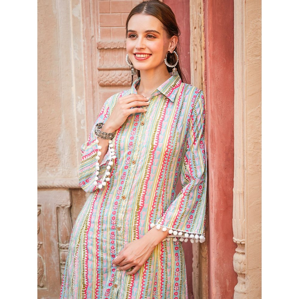 Fashor Printed Pompom Lace Embellished Asymmetric Hem Kurta with Pants -Multi-Color (Set of 2)