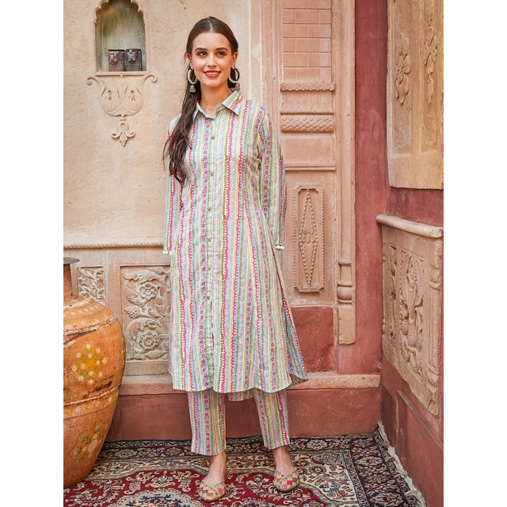 Fashor Printed Pompom Lace Embellished Asymmetric Hem Kurta with Pants -Multi-Color (Set of 2)