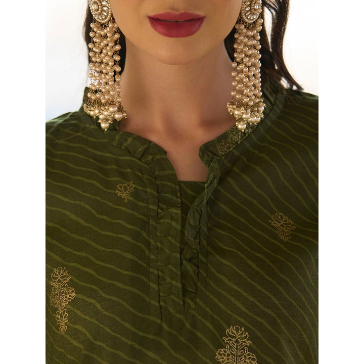 Fashor Ethnic Foil & Leheriya Printed Kurta with Dupatta -Green (Set of 2)