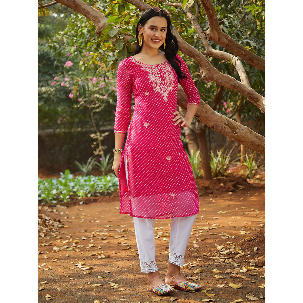 Fashor Leheriya Printed & Embroidered Straight Fit Kurta -Pink