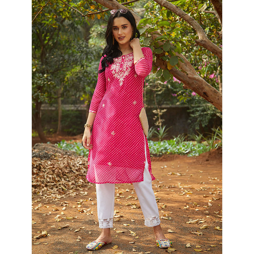 Fashor Leheriya Printed & Embroidered Straight Fit Kurta -Pink