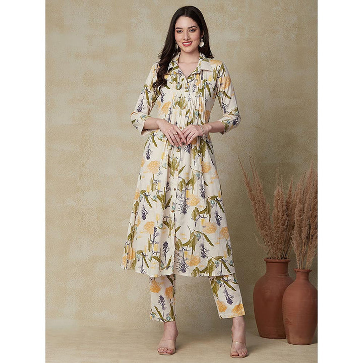 FASHOR Floral Printed Kurta with Pants - Off White & Yellow (Set of 2)