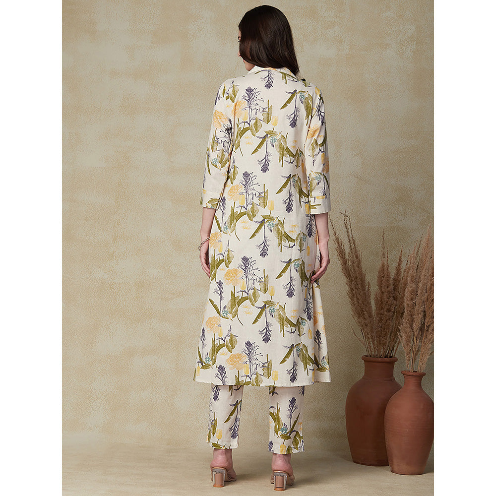 FASHOR Floral Printed Kurta with Pants - Off White & Yellow (Set of 2)