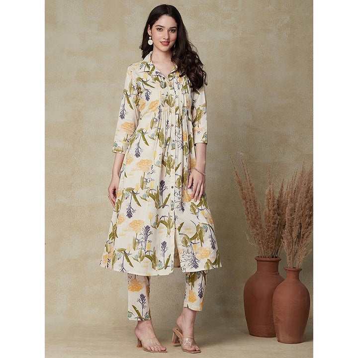 FASHOR Floral Printed Kurta with Pants - Off White & Yellow (Set of 2)