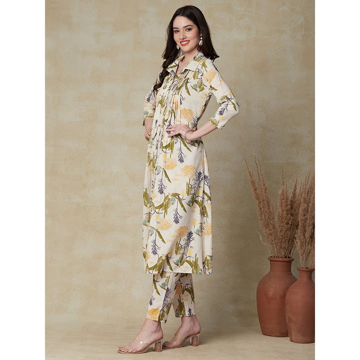 FASHOR Floral Printed Kurta with Pants - Off White & Yellow (Set of 2)