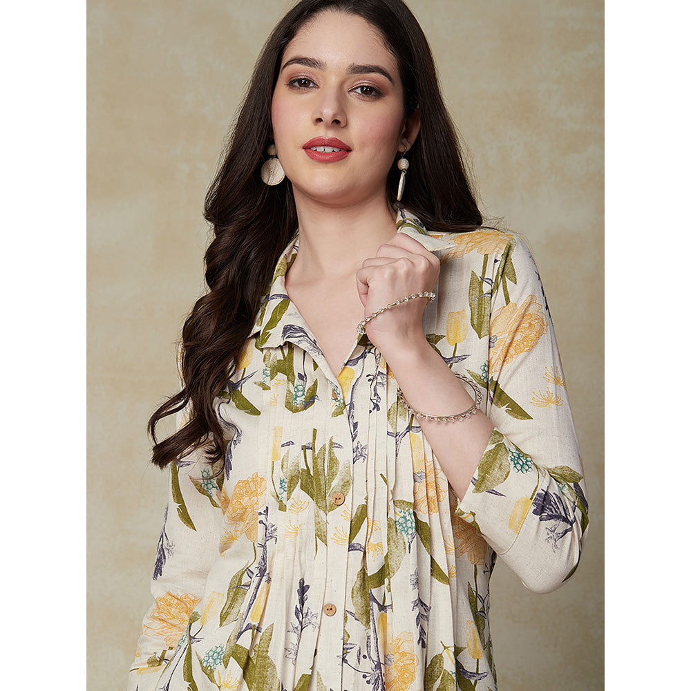 FASHOR Floral Printed Kurta with Pants - Off White & Yellow (Set of 2)