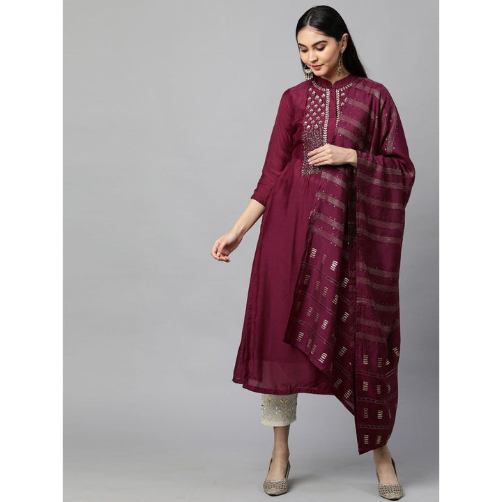 FASHOR Festive Embroidered Kurta with Woven Zari Dupatta - Burgundy (Set of 2)