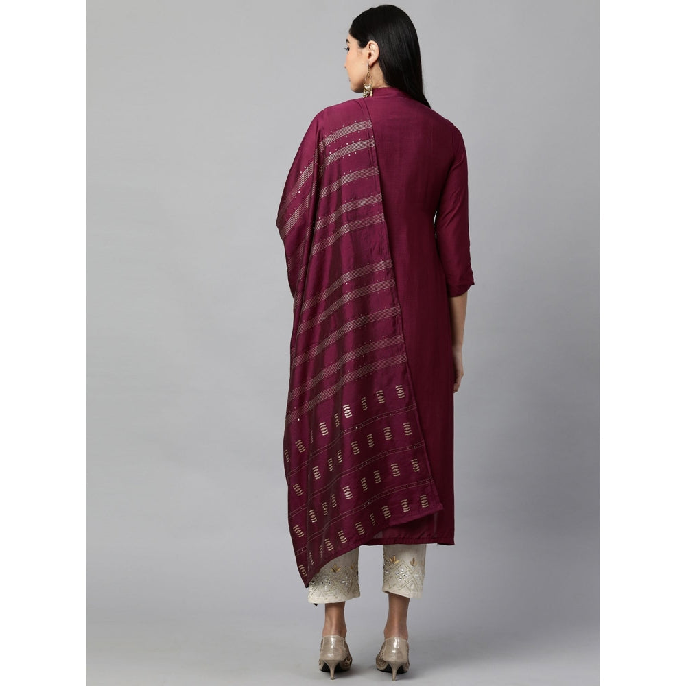 FASHOR Festive Embroidered Kurta with Woven Zari Dupatta - Burgundy (Set of 2)