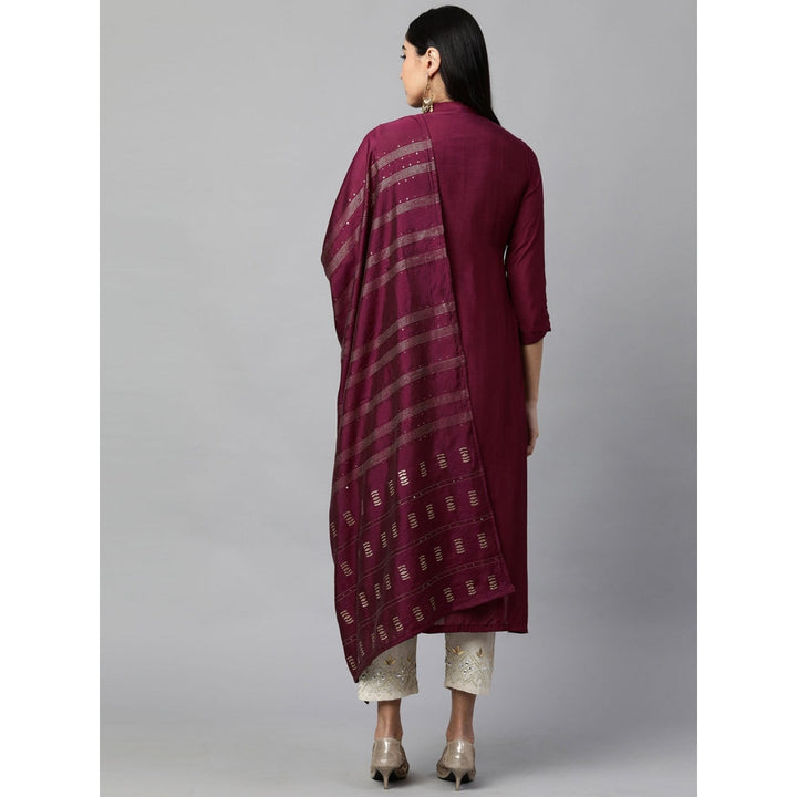 FASHOR Festive Embroidered Kurta with Woven Zari Dupatta - Burgundy (Set of 2)