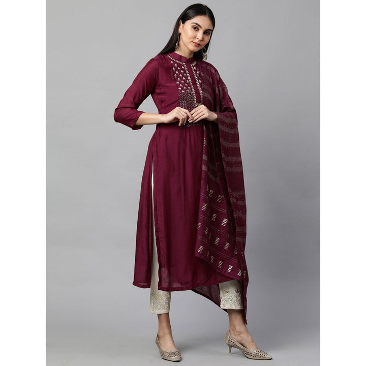 FASHOR Festive Embroidered Kurta with Woven Zari Dupatta - Burgundy (Set of 2)