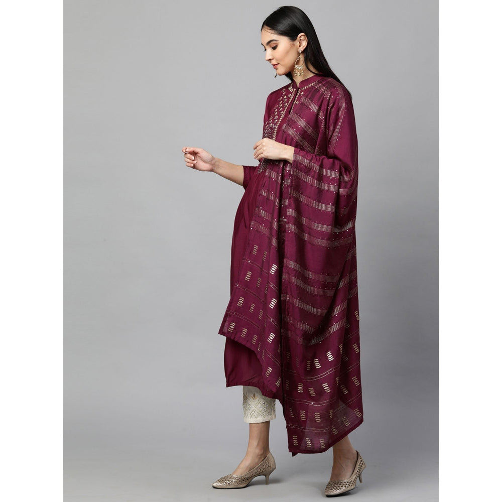 FASHOR Festive Embroidered Kurta with Woven Zari Dupatta - Burgundy (Set of 2)