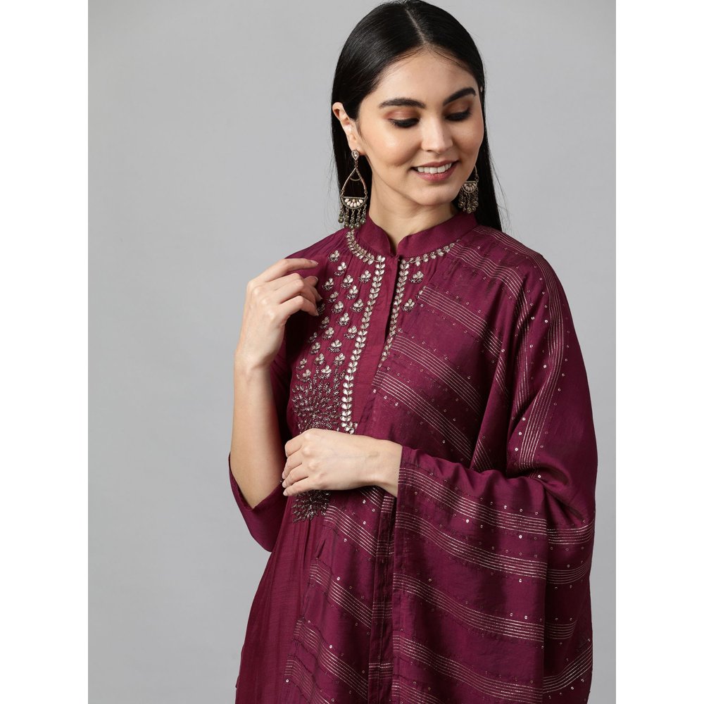 FASHOR Festive Embroidered Kurta with Woven Zari Dupatta - Burgundy (Set of 2)