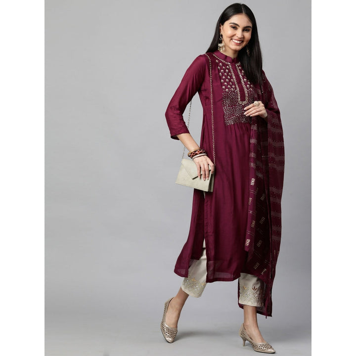 FASHOR Festive Embroidered Kurta with Woven Zari Dupatta - Burgundy (Set of 2)