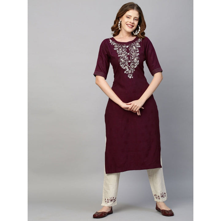 FASHOR Floral Hand Embroidered Straight Kurta with Pants - Wine (Set of 2)