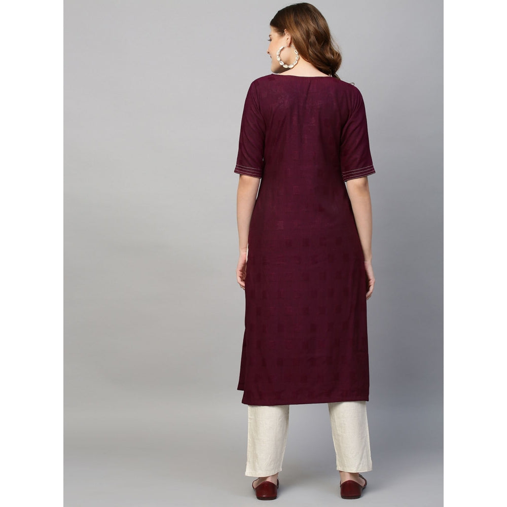 FASHOR Floral Hand Embroidered Straight Kurta with Pants - Wine (Set of 2)