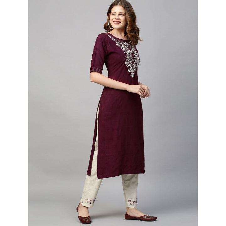 FASHOR Floral Hand Embroidered Straight Kurta with Pants - Wine (Set of 2)