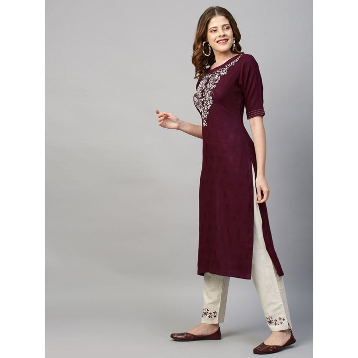 FASHOR Floral Hand Embroidered Straight Kurta with Pants - Wine (Set of 2)