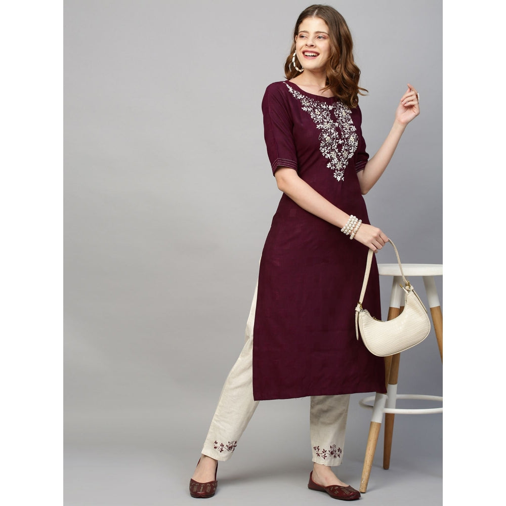 FASHOR Floral Hand Embroidered Straight Kurta with Pants - Wine (Set of 2)