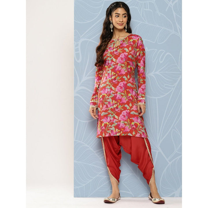 FASHOR Floral Printed & Embroidered Kurta with Dhoti Pant - Red (Set of 2)