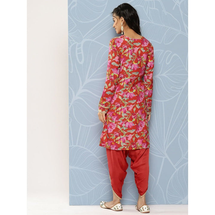 FASHOR Floral Printed & Embroidered Kurta with Dhoti Pant - Red (Set of 2)